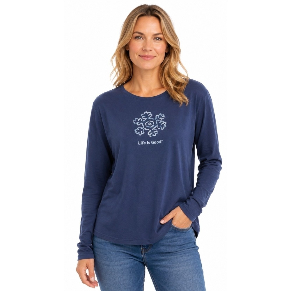 Life is Good T-Shirt Snowflake Graphic Long Sleeve Blue 100% Cotton Womens Large